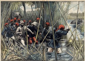 بعثة مارشان (1896-1899) إلى فاشودة (السودان): الكابتن الفرنسي باراتير (1864-1917) وقواته تتقدم عبر المستنقع نحو فاشودة. (وفقًا لسجل النقيب Baratier). رسم توضيحي في "" Le Pelerin "بتاريخ 6 تشرين الثاني (نوفمبر) بواسطة فنان غير معروف