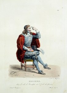 زي موليير في دور أرنولف في قطعة "مدرسة النساء" عام 1670. زي الكوميديا الفرنسية لهيبوليت ليكومت (1781-1857). نقش القرن التاسع عشر. كول. هيا بنا. بواسطة فنان غير معروف