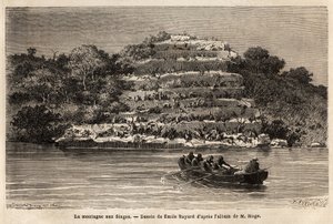 جبل القرد ، على طول نهر السنغال ، بعد فترة وجيزة من شلالات جوينا (مالي). نقش لتوضيح قصة رحلة الملازم ماجى في غرب السودان بين عامي 1863 و 1866 ، نُشر في "Le tour du monde، nouveau journal des voyages" تحت د. بواسطة فنان غير معروف