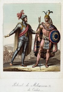 مونتيزوما الثاني ، ملك الأزتك ، وهيرنان (أو هيرناندو) كورتيس أو فيرناند كورتيز (1485-1547) ، الفاتح الإسباني - في "" الزي القديم والحديث "بقلم فيراريو ، محرر. ميلان بواسطة فنان غير معروف