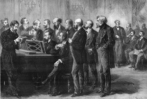 مسابقة موسيقية لمدينة باريس عام 1878. قامت لجنة التحكيم في قصر لوكسمبورغ بفحص مقطوعات "بارديس المفقودة" و "القد". من اليسار إلى اليمين: العمود ، بيرين ، شيروفرير ، جونود ، بولانجر ، كاميل سانت ساينز (سانت ساينز) ، لينبفيو ، فوكورب بواسطة فنان غير معروف
