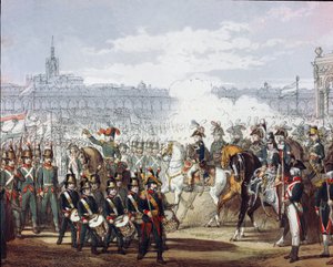 نابليون بونابرت (1769-1821) يستعرض الفيلق اللومباردي وسيسبادان من الميليشيا في 1797/09/9 نقش بالألوان المائية. ميلان ، Museo del Risorgimento بواسطة فنان غير معروف