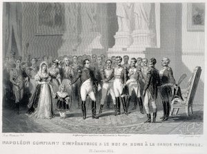 عهد نابليون بالإمبراطورة وابنها ملك روما إلى الحرس الوطني (23 يناير 1814) - في "Fasttes de Gardes nationales de France" بواسطة فنان غير معروف