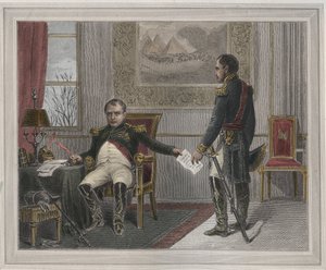 وقع نابليون على تنازله عن العرش عام 1814 - نابليون بونابرت (1769-1821) في فونتينبلو خلال أول تنازل له ، وقع في أبريل 1814 نقشًا في "Les Fastes populaires، ou Histoire des heriques du peuple et de son effect sur les sciences، le بواسطة فنان غير معروف