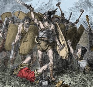 نارس يتغلب على القوط الشرقيين - غزوات البرابرة: نارس (478-573) الجنرال البيزنطي الخصي للإمبراطور جستنيان الأول المنتصر على القوط الشرقيين في معركة تاجينا بإيطاليا عام 552. نقش تلوين من القرن التاسع عشر بواسطة فنان غير معروف