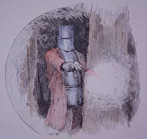 Ned Kelly wearing his homemade armour, in confrontation with police (hand-coloured engraving) بواسطة فنان غير معروف