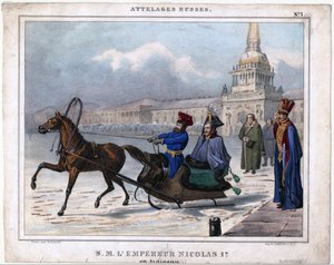 Nicolas I en traineau - نيكولاس الأول من روسيا في مزلقة - مجهول - 1850 - طباعة حجرية ، ألوان مائية - 21،3x26،8 - مجموعة خاصة بواسطة فنان غير معروف
