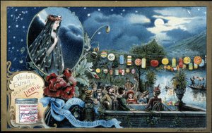 ليلة ، حفلة ليلية مضاءة بالفوانيس ، بالقرب من بحيرة - Liebig chromolithography بواسطة فنان غير معروف