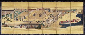 Noh Play: Funa Benkei (حبر ، ألوان وذهبي على ورق ، شاشة بستة لوحات) بواسطة فنان غير معروف