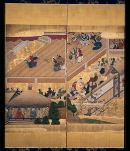 Noh Play: Funa Benkei (حبر ، ألوان وذهبي على ورق ، شاشة من ست لوحات) بواسطة فنان غير معروف