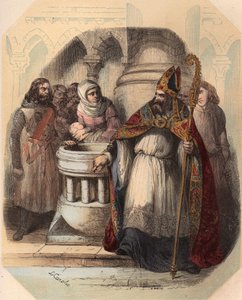 Notger (930-1008) (Notker of Liege) ، eveque of Liege ، أثناء معمودية Otton III (980-1002) ، ملك ألمانيا. نقش من عام 1868 في "Histoire de Belgique من العصور البدائية حتى نهاية عهد ليوبولد الأول" بقلم ثيودور جوست (1818-1888). بريفا بواسطة فنان غير معروف