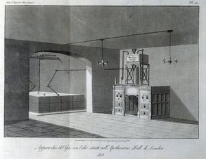 جهاز الغاز النفطي الموجود في Apothicaries Hall في لندن. لوحة مأخوذة من "مجلة الزراعة والفنون والتقنيات" (مجلة الزراعة والفنون والتقنيات). 1823. بواسطة فنان غير معروف