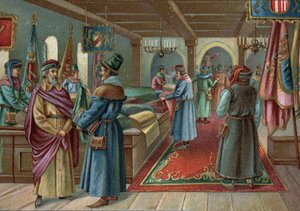 مراكز التسوق القديمة: قاعة الكتان في بروج ، بلجيكا في القرن الخامس عشر. الطباعة الحجرية الملونة في أواخر القرن التاسع عشر بواسطة فنان غير معروف