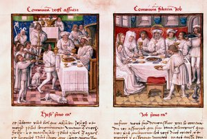 على اليسار عيد أسويرس الأول (زركسيس الأول). على اليمين عيد بني أيوب. مصغرة من مخطوطة "Le Miroir de l