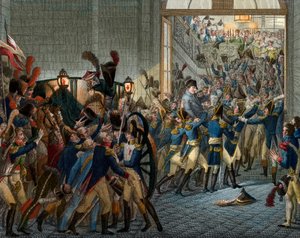 مائة يوم: "" عاد نابليون بونابرت (1769-1821) من منفاه في جزيرة إلبا - دخول منتصر في 20 مارس 1815 في قصر التويلري - نقش القرن التاسع عشر بواسطة فنان غير معروف
