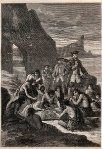 أحدهم مفصول بالأسنان: نائب الأدميرال جون بايرون (1723-1786) في إحدى جزر ديترويت في ماجلان - الفويجيان (سكان تييرا ديل فويغو) يفصلون بأسنانهم حوتًا تمزق وتحجرت على الشاطئ - مريض بواسطة فنان غير معروف