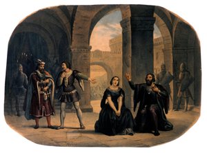 مسرح الأوبرا "I vespri siciliani" (صلاة الغروب الصقلية) من تأليف جوزيبي فيردي. الطباعة الحجرية الملونة في أواخر القرن التاسع عشر .. بواسطة فنان غير معروف