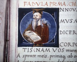Ovid (Ovidio) (43BC) JC - 17 أو 18 AD JC) ممثلة في مخطوطة من القرن الخامس عشر. البلدية الكتاب المقدس. ريميني. بواسطة فنان غير معروف