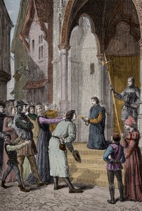 بيركين واربيك (1474-1499) محتال فلمنكي ؛ يزعم أنه ريتشارد ، دوق يورك ، ثاني أبناء إدوارد إيف - قراءة اعترافه خارج قاعة وستمنستر ، لندن بواسطة فنان غير معروف