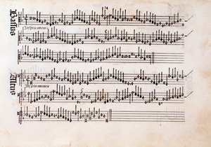 صفحة من المقطوعات الموسيقية للموسيقى التوافقية Odhecaton بواسطة Ottaviano Petrucci (1501) بواسطة فنان غير معروف