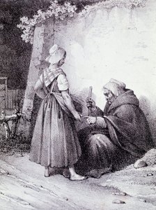 قراءة الكف: عراف عجوز يقرأ يد فتاة صغيرة (نقش) بواسطة فنان غير معروف