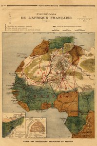 بانوراما إفريقيا الفرنسية ، خريطة البعثات الفرنسية في إفريقيا. نقش في "" مجلة Le petit "" 5/03/1894. مجموعة سيلفا. بواسطة فنان غير معروف