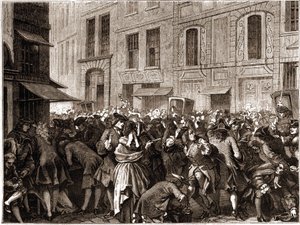 دائرة باريس الرابعة - La rue Quincampoix en 1720 a l'epoque du système de John Law (1671 - 1729) - "" L'agiotage a la rue Quincampoix "(سبب الإفلاس بموجب القانون) - منظر شارع Quincampoix مع المضاربين في زمن نظام جون لو ، بواسطة فنان غير معروف