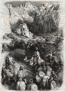 مرور البيرينيه من قبل المغاربة - نقش عام 1851 من "Furious Roland" (أورلاندو فوريوسو) (القرن السادس عشر) لودوفيكو أريوستو ، المعروف باسم Ariosta - طبعة مترجمة من الإيطالية بواسطة Count of Tressan ونشرها Gustave Harvard 1851 بواسطة فنان غير معروف