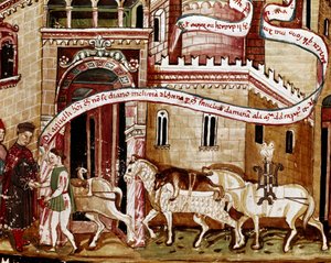 دفع ضريبة الملح عند مدخل بلدة (غابيل) صورة مصغرة من المخطوطة (السيدة H V-5) "Codex de Privileges" بواسطة فنان غير معروف