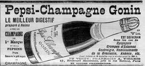 Pepsi Champagne Gonin (Pepsi-Champagne من ماركة Gonin). تحضير Digestif في ريمس مع الشمبانيا والبيبسين. ينصح الكحول في حالة عسر الهضم ، تقلصات المعدة ، آلام المعدة ، قيء الحمل ، فقر الدم ... (للبيع في الصيدليات). النقش في "" بواسطة فنان غير معروف