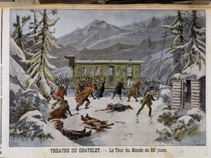 عرض مسرحي في مسرح "حول العالم في 80 يومًا" - في "Le PetitJournal" "من 03/13/1898 بواسطة فنان غير معروف