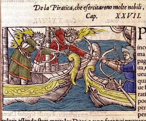 كانت القرصنة تمارس من قبل العديد من النساء النبلاء الإسكندنافيات. نقش من "Historia de gentium septentrionalium" لأولاوس ماغنوس ، البندقية 1567. بواسطة فنان غير معروف