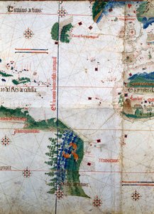 Planisphere of Cantino: خريطة ألبرتو كانتينو من عام 1502 تمثل خط الحدود الذي فرضته معاهدة تورديسيلاس (1494) بين أمريكا البرتغالية والإسبانية. مكتبة إستينس. مودينا بواسطة فنان غير معروف