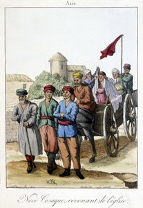 لوحة من عام 1811 توضح مجموعة من القوزاق عائدين من الكنيسة بعد حفل زفاف. بواسطة فنان غير معروف