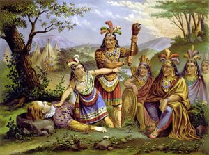 أنقذ بوكاهونتاس الكابتن جون سميث. الطباعة الحجرية الملونة حوالي عام 1870. بواسطة فنان غير معروف