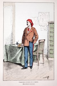 مفوض شرطة الكوميونة. النقش بالألوان ، للتوضيح ، كتاب "Histoire du corps des gardiens de la paix" "" الذي نُشر تحت رعاية حاكم شرطة نهر السين لويس ليبين (1846-1933) ، بقلم ألفريد ري (1864-؟) ولويس فيرون بواسطة فنان غير معروف