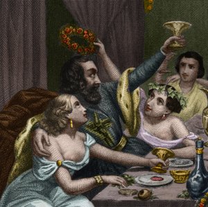 البابا ألكسندر السادس (1431-1503) (أليساندرو ، رودريجو بورجيا) يحتفل رودريغ بورجيا بزواج ابنته لوكريس بورجيا (لوكريزيا) مع 50 من المحظيات في الفاتيكان. نقش من عام 1842 في "Histoire des popes: جرائم ، قتل ، تسمم ، باريسي بواسطة فنان غير معروف