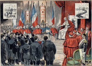 كرس البابا ليون الثالث عشر (1810-1903) محمية فرنسا في الأرض المقدسة عندما أرادت ألمانيا استبدالها. حضور 8 أكتوبر بواسطة فنان غير معروف