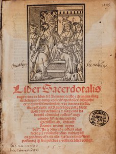 تسلم البابا ليون العاشر كتاب Frontispice of the liturgy Book "Liber Sacerdotalis" لكاستيليني بواسطة فنان غير معروف