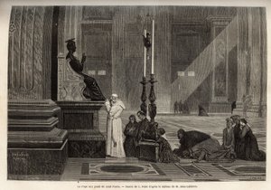 Pope Pius IX (pio 9) (1792-1878) collected at the foot of the statue of St. Peter, at the entrance of the Basilica, in the Vatican. Engraving to illustrate the Rome story, by Francis Wey, in 1864-1868, published in “” le tour du monde””, edited by D