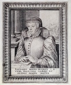 صورة لكاترين دي ميديسي (كاترينا دي ميديشي) (1519-1589) ، ملكة فرنسا. نقش القرن السادس عشر. بو ، متحف دو شاتو بواسطة فنان غير معروف