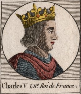 صورة شارل الخامس الحكيم (1338 - 1380) - شارل الخامس الحكيم أو شارل الخامس الحكيم ، ملك فرنسا من عائلة فالوا - نقش من "Instruction sur l'Histoire de France" "لتشارلز كونستانت لو تيلير 1821 بواسطة فنان غير معروف