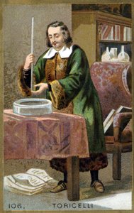 صورة لإيفانجليستا توريسيللي أو توريتشيلي (1608 - 1647) ، عالم فيزياء إيطالي مع اختراعه البارومتر (أنبوب الزئبق). الطباعة الحجرية الملونة في القرن التاسع عشر. بواسطة فنان غير معروف