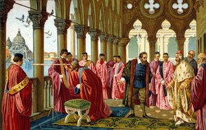 تقدم صورة جاليليو جاليلي ديت جاليليو (1564 - 1642) المنظر الطويل لدوجي في قصره الدوقي في البندقية. بواسطة فنان غير معروف
