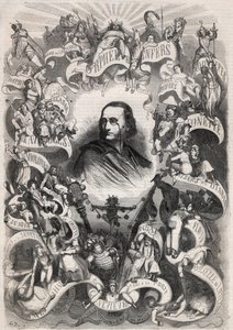 صورة لجاك أوفنباخ (1819-1880) ، المؤلف الموسيقي الفرنسي ومدير مسرح des Bouffes Parisiens ، محاطة بشخصيات من أعماله - نقش في "" Le Monde Illustré " بواسطة فنان غير معروف