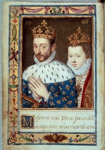صورة شخصية للملك تشارلز التاسع (1550-1574) وإليزابيث من النمسا (1554-1592) صفحة مخطوطة ملكة فرنسا لـ "كتاب الصلوات لكاثرين دي ميديسي" (كاترينا دي ميديشي) في القرن السادس عشر ، باريس ، ب. بواسطة فنان غير معروف