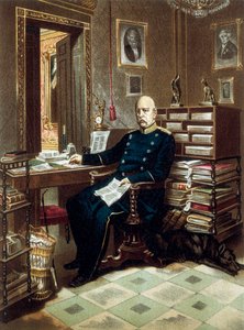 صورة للأمير أوتو فون بسمارك (1815-1898) ، المستشار والسياسي البروسي ، في مكتبه. طباعة حجرية ملونة بواسطة فنان غير معروف