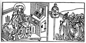 صورة للقديسة بريجيت السويدية (1103-1373). نقش من "Leben der Heiligen - sommsteil" (كتاب القديس) ليعقوب (جيمس) من Voragine (1228-1298). دوبيك 1488. بواسطة فنان غير معروف