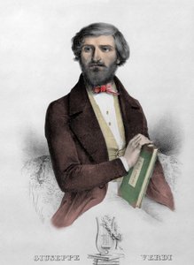 صورة للمؤلف الموسيقي الإيطالي جوزيبي فيردي (1813 - 1901) مع درجة "" i Due Foscari "" نقش عام 1844. بواسطة فنان غير معروف