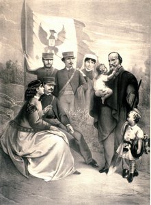 صورة للوطني الإيطالي وأبطال Risorgimento جوزيبي غاريبالدي (1807-1882) تحيط بأطفاله مينوتي وريتشيوتي واقفًا وتيريسيتا وفرانشيسكا أرموسينو والصغير مانليو وكليليا. رسم توضيحي حوالي عام 1870. مجموعة خاصة بواسطة فنان غير معروف